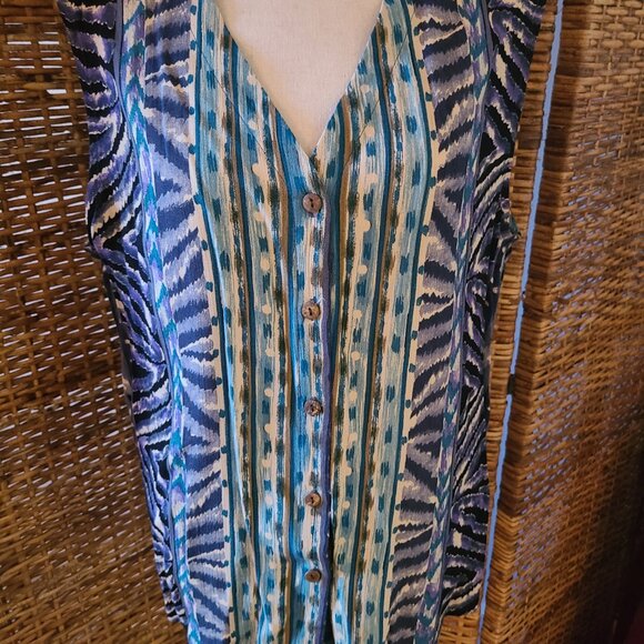 VTG NWT Timbuktu Station Blue Beige Button Sleeveless Blouse Sz M USA Made - Picture 2 of 5